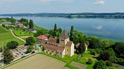 Aerial view of St George's Church, Oberzell, Reichenau, UNESCO World Heritage Site, Lake Constance, Constance district, Baden-Württemberg, Germany, Europe photo