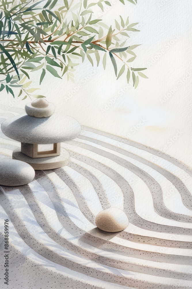 Watercolor of a tranquil Zen garden with raked sand and a stone lantern Watercolor of a tranquil Zen garden with raked sand and a stone lantern