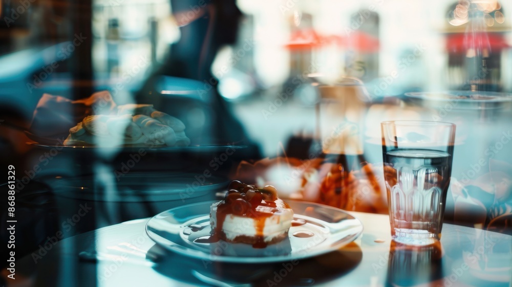 Cafe interior focus on, copy space, stylish decor, double exposure silhouette with plated dessert