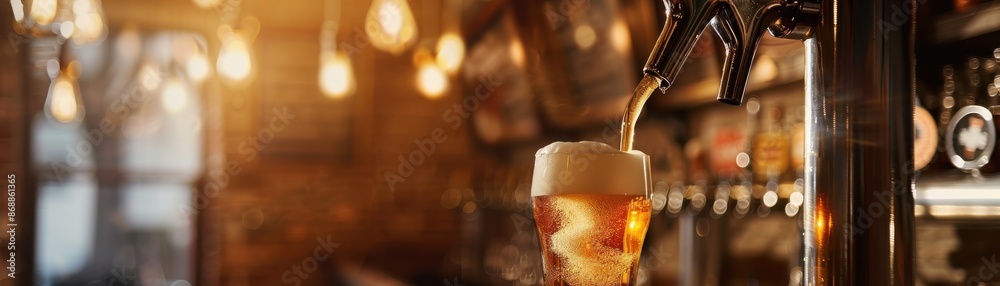 Beer tap close up, focus on, copy space, foamy pour, double exposure silhouette with rustic pub atmosphere Beer tap close up, focus on, copy space, foamy pour, double exposure silhouette with rustic pub atmosphere