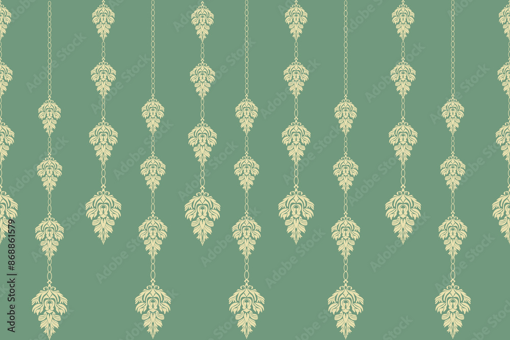 Elegant Ornamental Damask Pattern with Floral Motifs, Intricate and Symmetrical Design Ideal for Wallpaper, Textile, and Surface Decoration, Reflecting Classic Vintage Style
