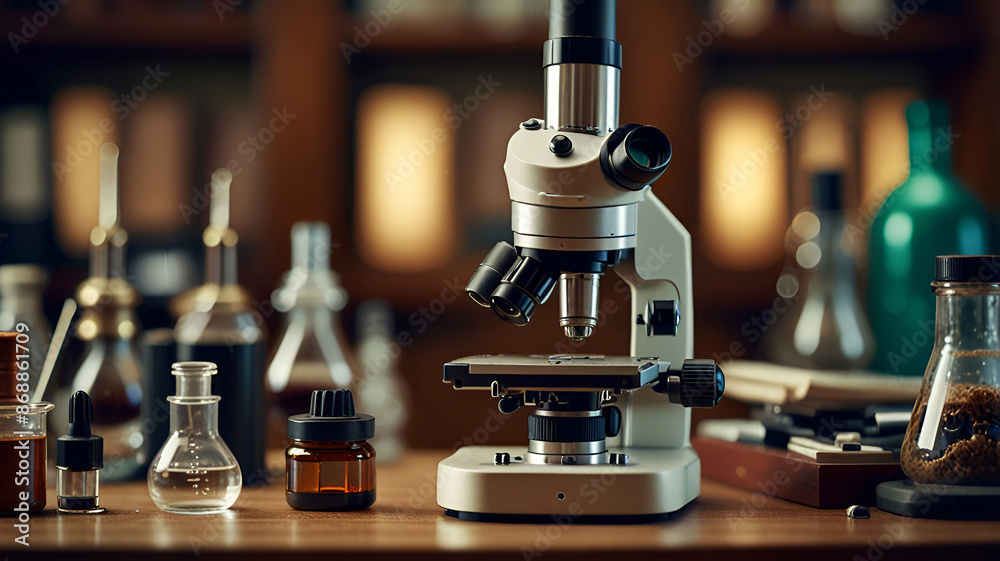 Scientific microscope on laboratory desk with researching instruments view. Ai generative Scientific microscope on laboratory desk with researching instruments view. Ai generative