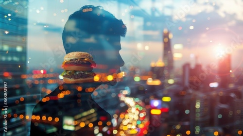 Urban skyline focus on, copy space, evening lights, double exposure silhouette with burger stack photo
