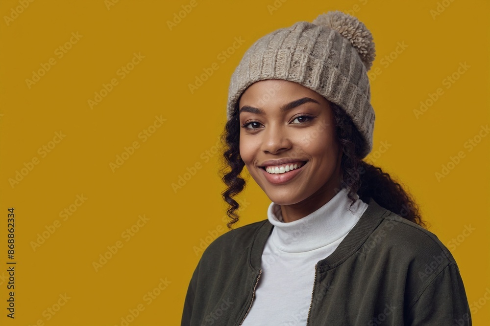 African American woman with smile on her face next to empty space on dark yellow background. Beautiful young woman in winter clothes. Space for advertising text. African American woman with smile on her face next to empty space on dark yellow background. Beautiful young woman in winter clothes. Space for advertising text.