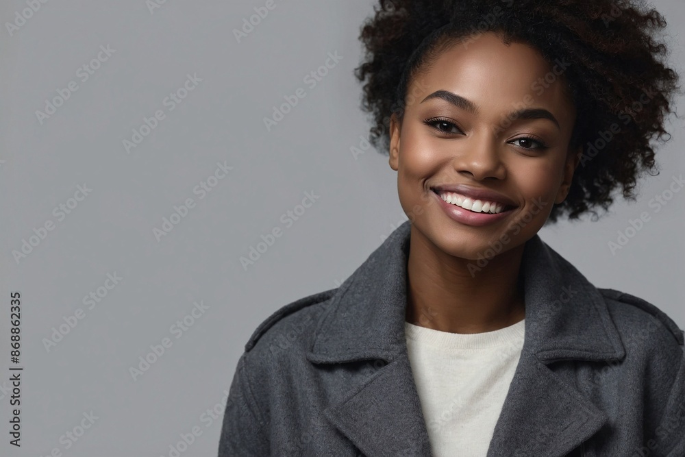 African American woman with smile on her face next to empty space on dark grey background. Beautiful young woman in winter clothes. Space for advertising text. African American woman with smile on her face next to empty space on dark grey background. Beautiful young woman in winter clothes. Space for advertising text.