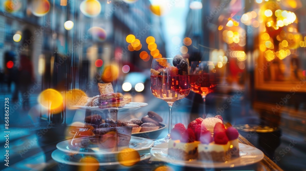 Parisian street focus on, copy space, charming ambiance, double exposure silhouette with gourmet dessert
