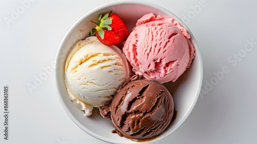 Top view ice creams scoops that various flavor in white bowl isolated on background,, Bowl of various colorful ice cream