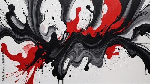 Black and red paint on the walls, a painting with abstract swirls and brush strokes on a white background