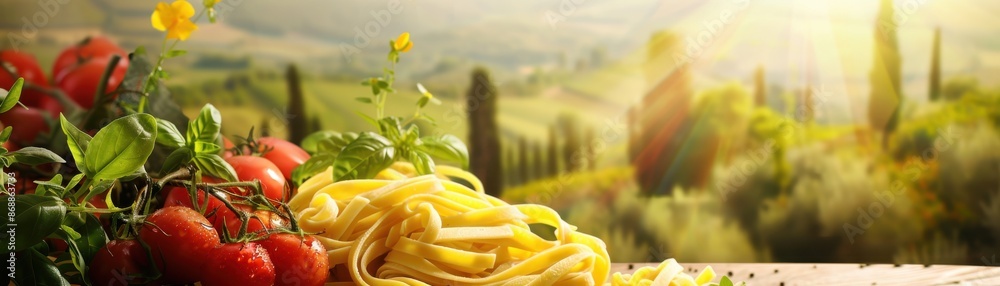 Pasta ingredients close up, focus on, copy space, fresh herbs, double exposure silhouette with Tuscan hills Pasta ingredients close up, focus on, copy space, fresh herbs, double exposure silhouette with Tuscan hills