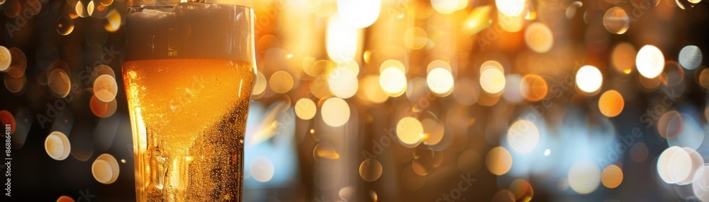 Obraz premium Beer pouring close up, focus on, copy space, golden liquid, double exposure silhouette with pub setting