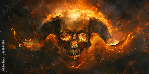 A fiery, demonic skull with glowing eyes emerging from swirling flames and dark smoke, creating an intense and ominous atmosphere. © sornram