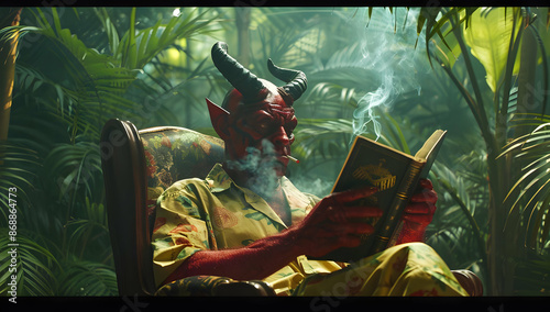 Fototapeta Naklejka Na Ścianę i Meble -  A red devil with horns reading a book and smoking in an armchair surrounded by lush green plants in a tropical jungle setting.