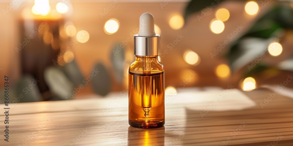 Naklejka premium An amber serum bottle on a wooden surface