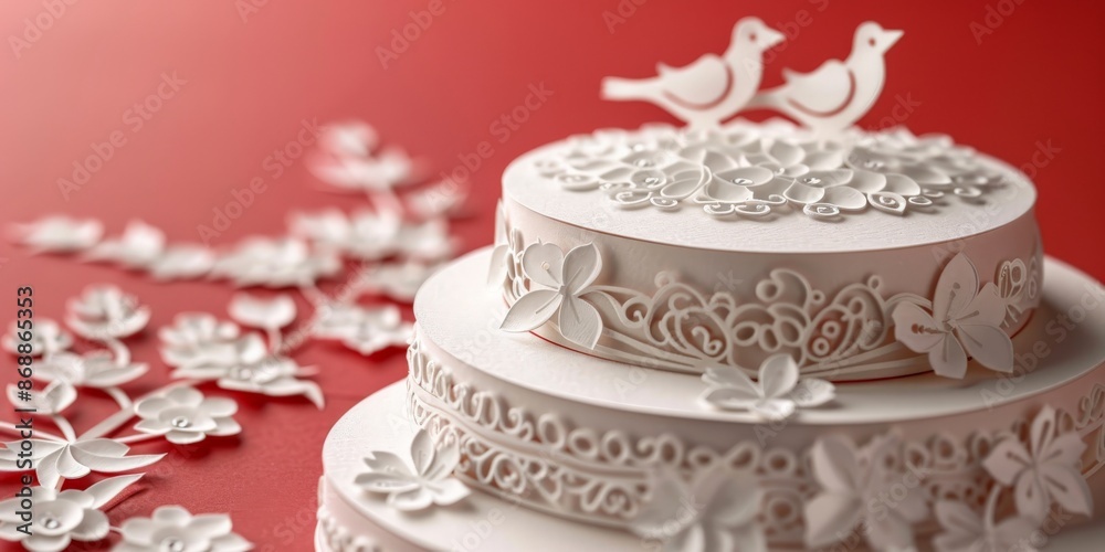A celebratory papercut design for a wedding invitation, featuring a layered wedding cake with intricate details and two lovebirds perched on top, crafted from red and white paper A celebratory papercut design for a wedding invitation, featuring a layered wedding cake with intricate details and two lovebirds perched on top, crafted from red and white paper