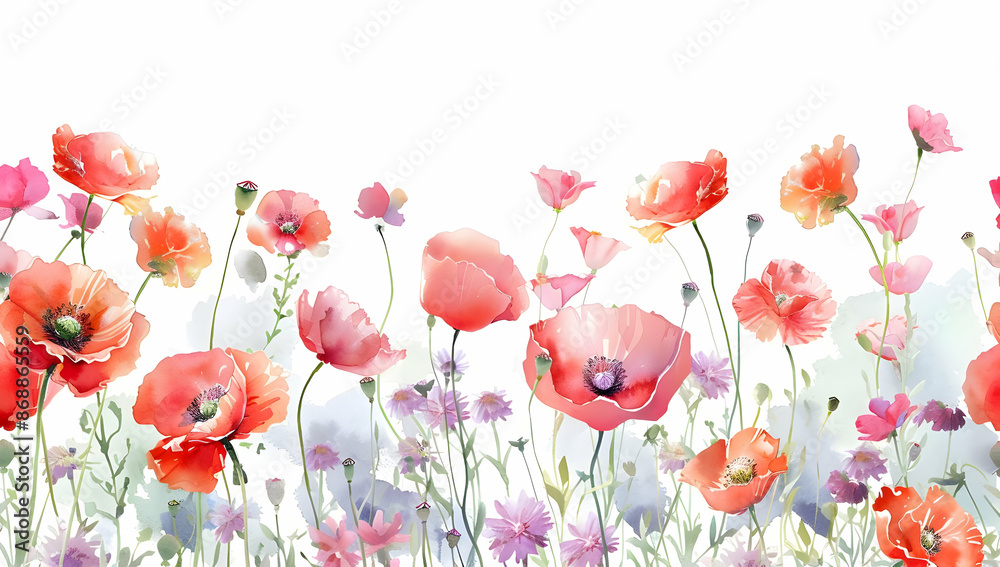 Fototapeta premium Beautiful watercolor painting of vibrant spring flowers in a field with colorful poppies and delicate blossoms on a white background.