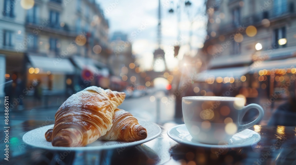French pastry close up, focus on, copy space, flaky layers, double exposure silhouette with Parisian boulevard French pastry close up, focus on, copy space, flaky layers, double exposure silhouette with Parisian boulevard
