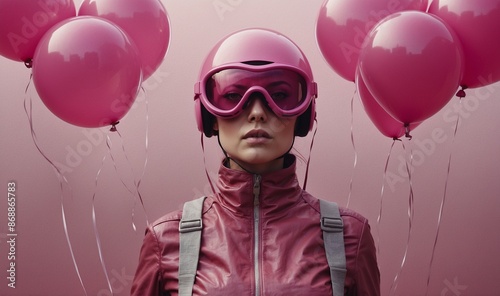 Person in pink jacket and headphones with pink balloons photo