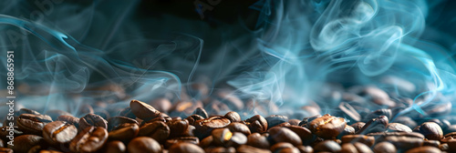 Close-up of freshly roasted coffee beans with steam rising, capturing the richness and aroma of freshly brewed coffee. photo