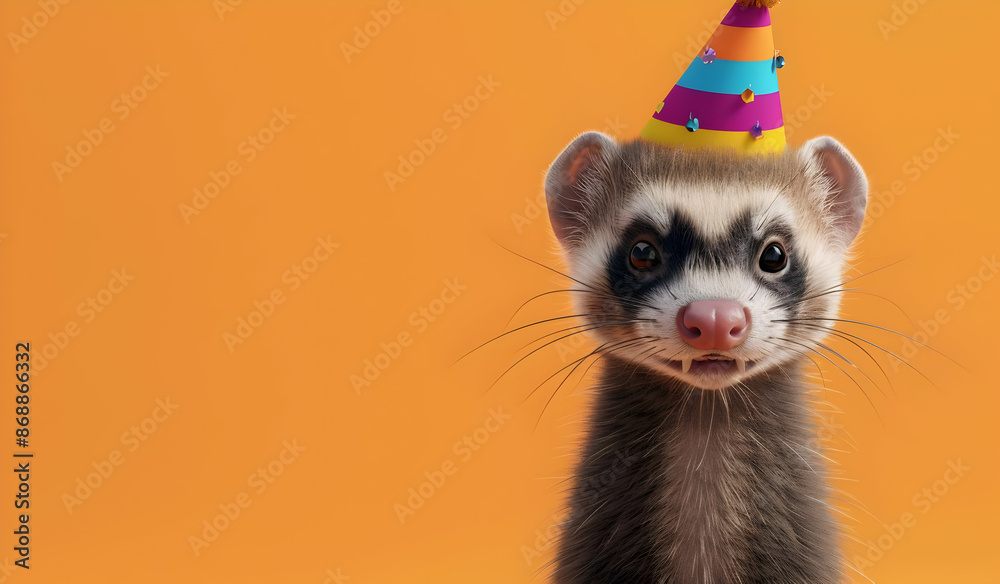 Cute ferret wearing a colorful party hat on an orange background, looking cheerful and festive.
