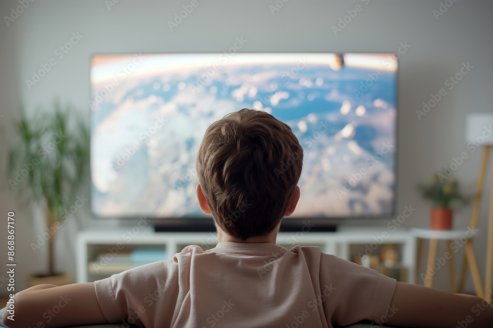 Fototapeta premium A child engrossed in a show on a large screen television in a cozy living room.