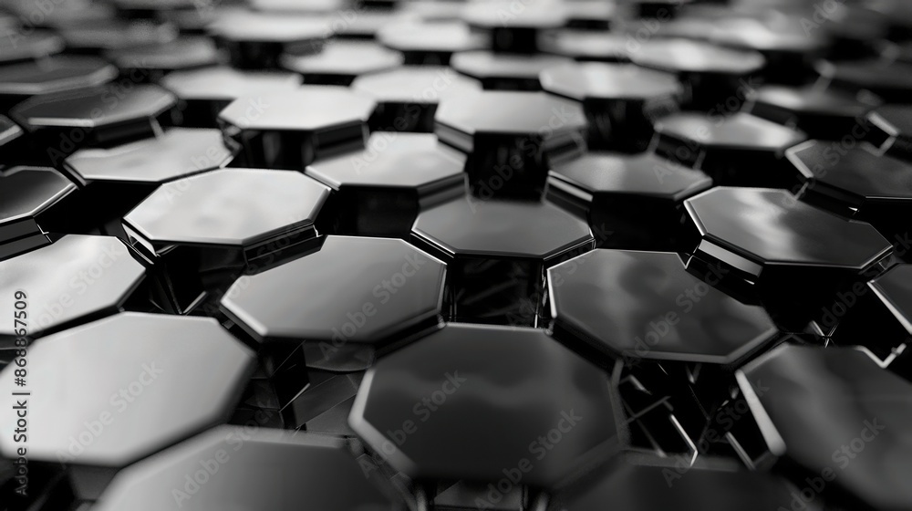 Fototapeta premium Close-up of a modern black hexagonal pattern with a shiny, reflective surface creating a sleek geometric design and futuristic texture.