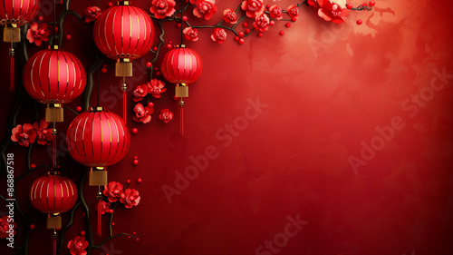Red hanging lantern with traditional Chinese decoration on red background.