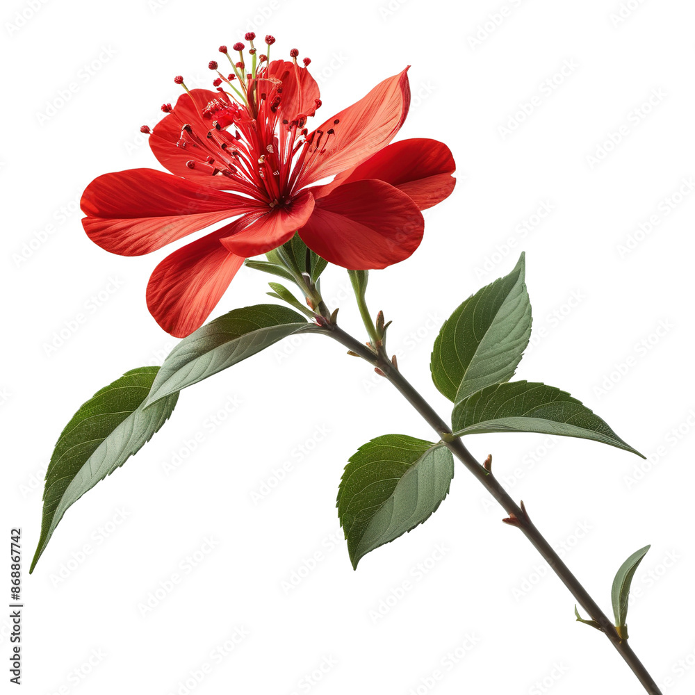 Vibrant Red Blossoms on a Branch with Green Leaves. flowers botanical isolated on transparent background. Vibrant Red Blossoms on a Branch with Green Leaves. flowers botanical isolated on transparent background.