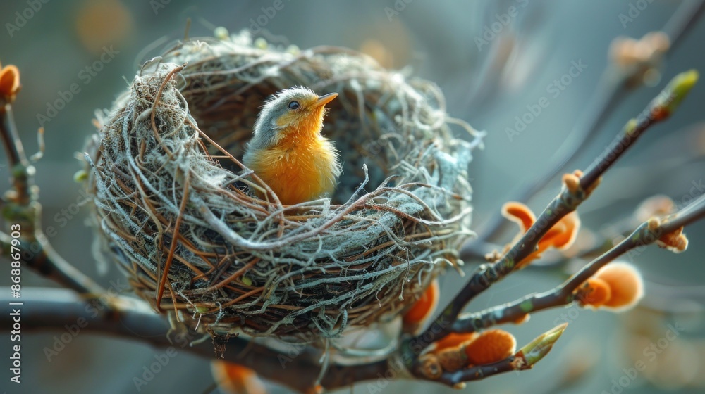 A Little Bird in its Nest on a Spring Branch