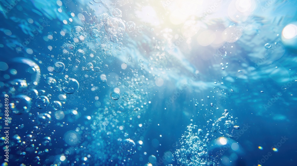 Ocean depth focus on, copy space, deep blue, double exposure silhouette with water bubbles