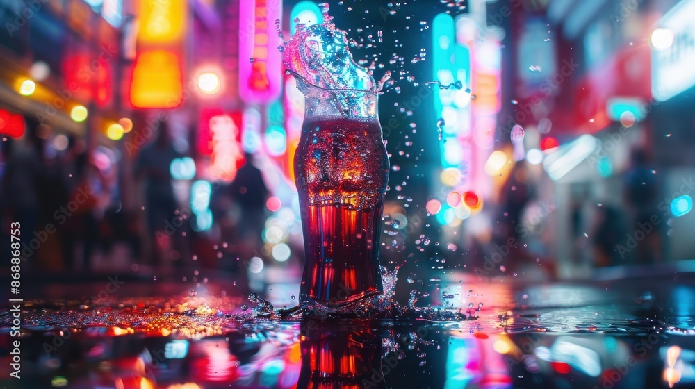Fototapeta premium Neon streets focus on, copy space, bustling scene, double exposure silhouette with soda splash