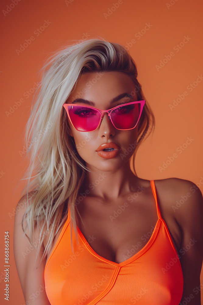 Chic Woman in Sunglasses and Orange Top Against Orange Background Chic Woman in Sunglasses and Orange Top Against Orange Background