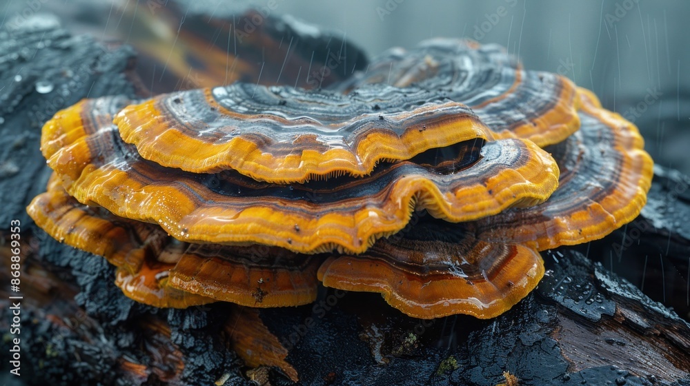 Obraz premium Rain-Soaked Bracket Fungus on a Wet Log