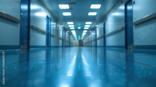 Empty Hospital Corridor with Wet Floor