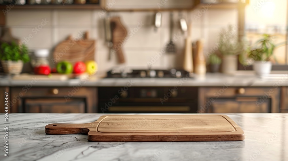 Cutting board on marble table with blurry kitchen background Cutting board on marble table with blurry kitchen background