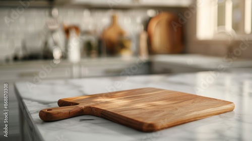 Cutting board on marble table with blurry kitchen background photo