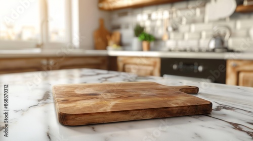 Cutting board on marble table with blurry kitchen background