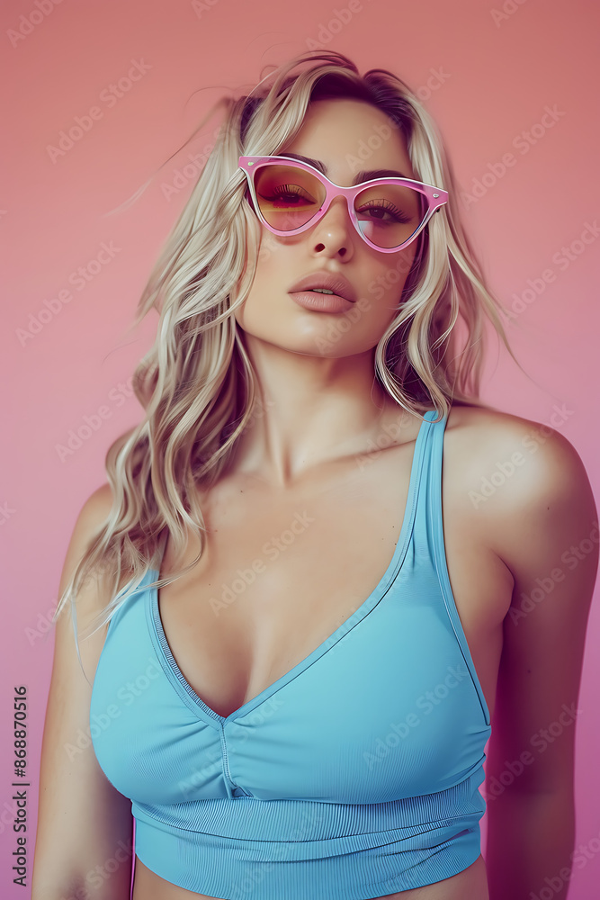 Chic Woman in Pink Sunglasses and Blue Top Against Light Background