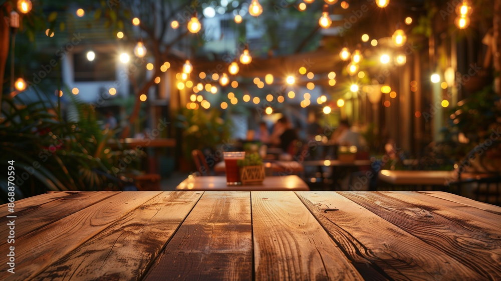 Empty wooden table with blurred cafe background Empty wooden table with blurred cafe background