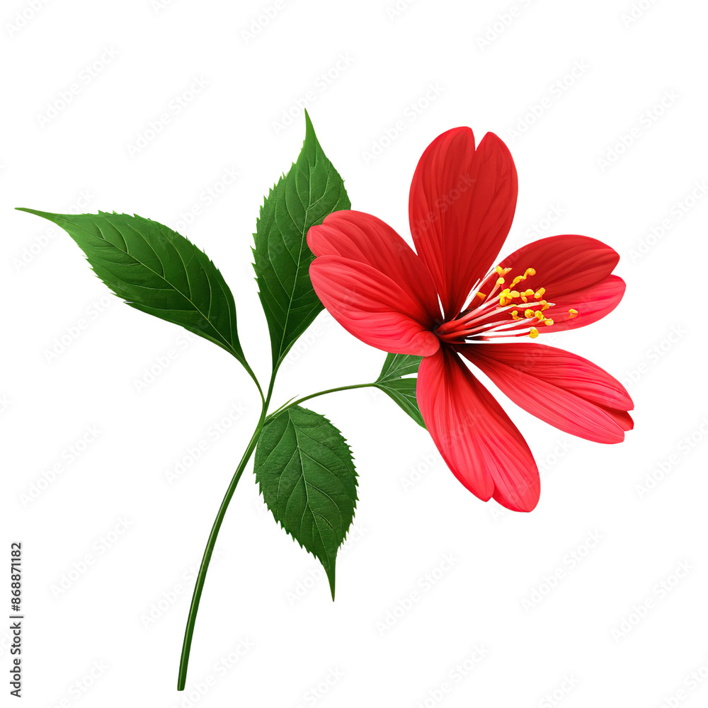 Vibrant Red Blossoms on a Branch with Green Leaves. flowers botanical isolated on transparent background. Vibrant Red Blossoms on a Branch with Green Leaves. flowers botanical isolated on transparent background.