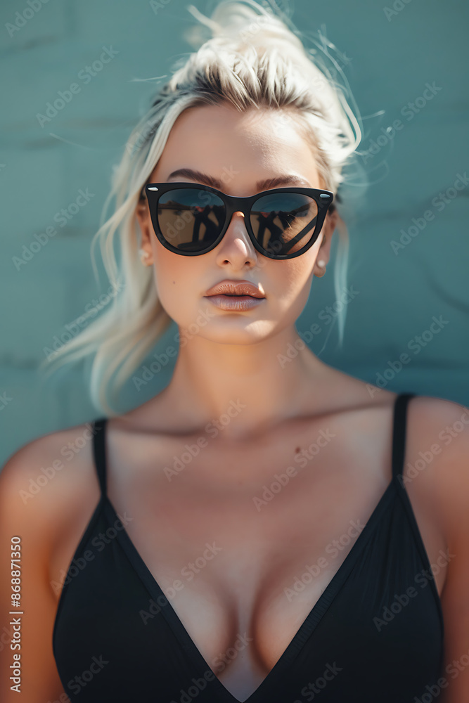 Chic Woman in Black Sunglasses and Top Against Dark Background Chic Woman in Black Sunglasses and Top Against Dark Background