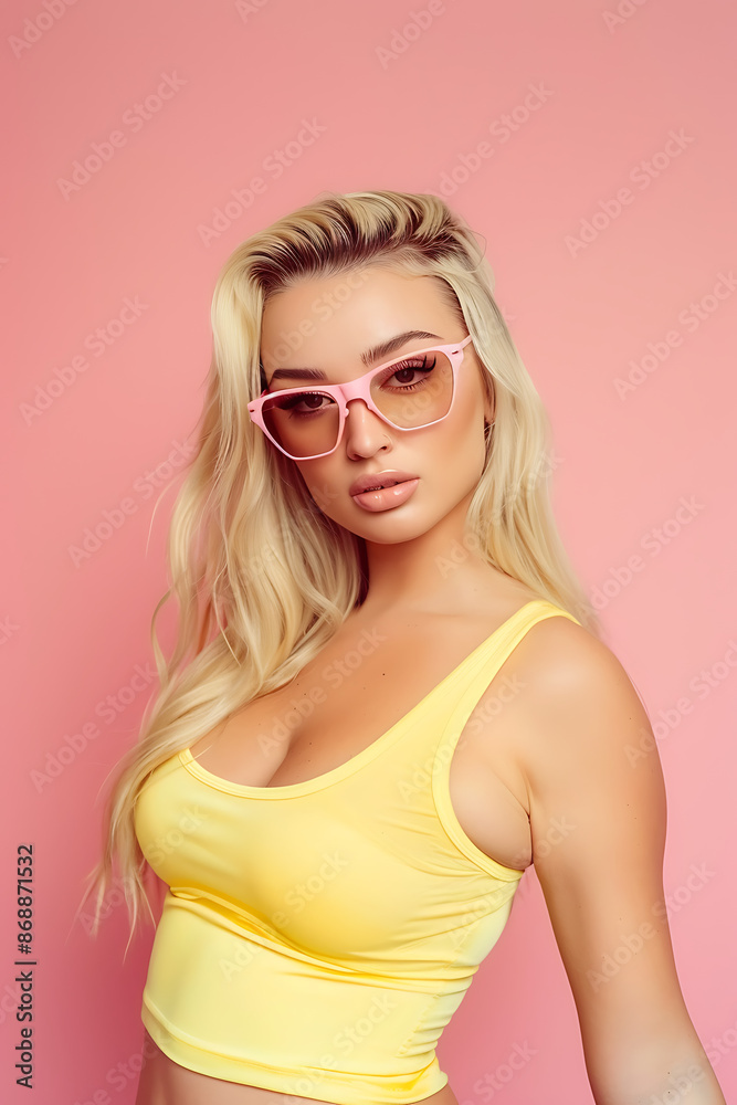 Chic Woman in Sunglasses and Yellow Top Against Warm Background Chic Woman in Sunglasses and Yellow Top Against Warm Background