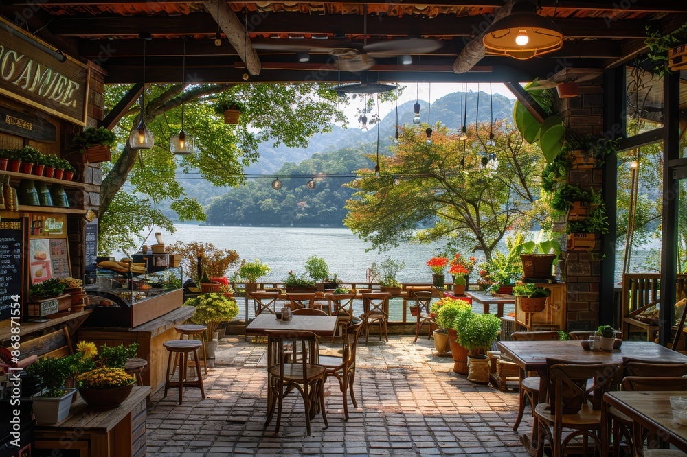 A restaurant patio with tables and chairs, and a view of the water A restaurant patio with tables and chairs, and a view of the water