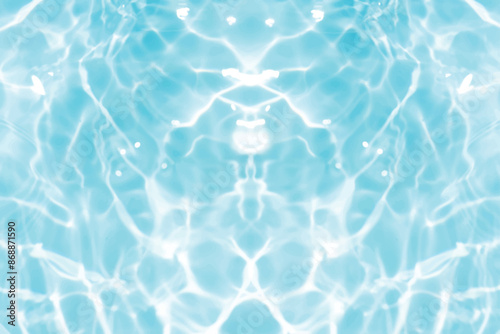 Blue water with ripples on the surface. Defocus blurred transparent blue colored clear calm water surface texture with splashes and bubbles. Water waves with shining pattern texture background.