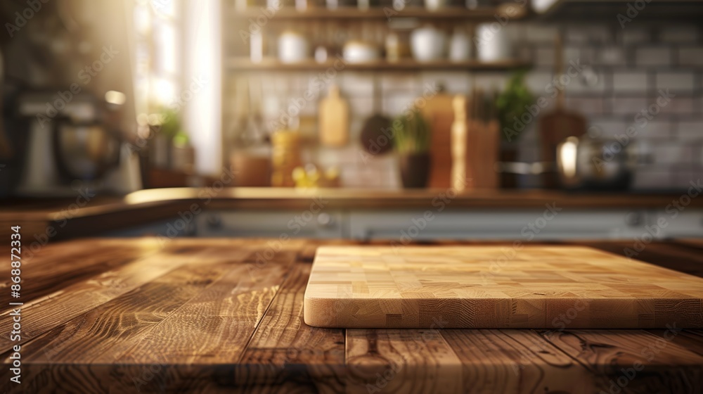 Cutting board on wooden table with blurry kitchen background Cutting board on wooden table with blurry kitchen background