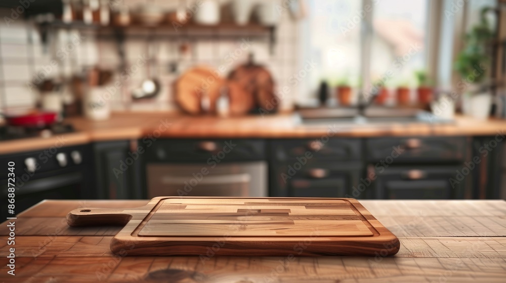 Cutting board on wooden table with blurry kitchen background Cutting board on wooden table with blurry kitchen background
