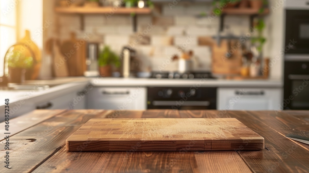 Cutting board on wooden table with blurry kitchen background Cutting board on wooden table with blurry kitchen background