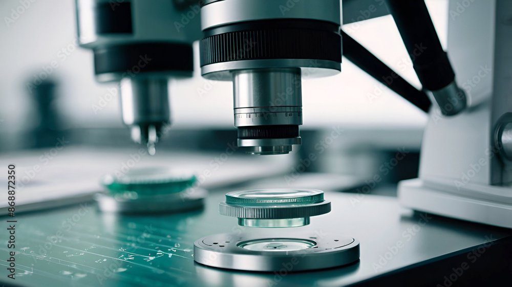 Close up of glass lens microscope on laboratory desk and other equipment. Ai generative Close up of glass lens microscope on laboratory desk and other equipment. Ai generative