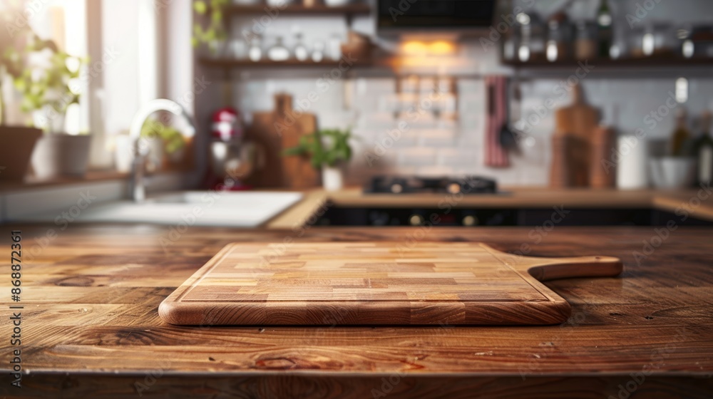 Cutting board on wooden table with blurry kitchen background Cutting board on wooden table with blurry kitchen background