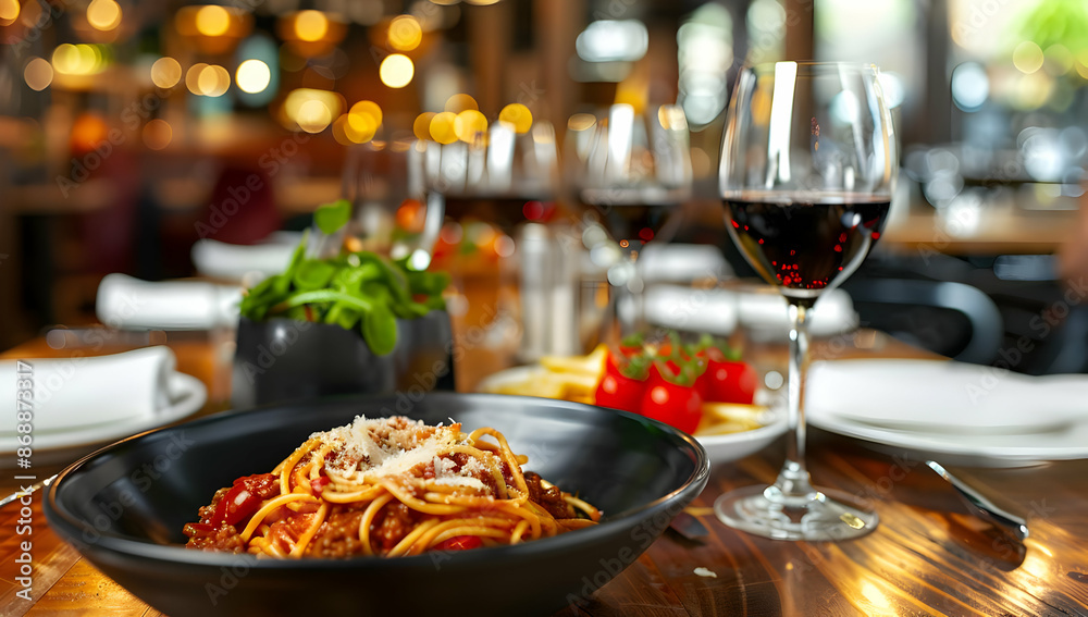 Elegant dining scene with a plate of spaghetti bolognese, red wine, and decor in a cozy restaurant setting. Elegant dining scene with a plate of spaghetti bolognese, red wine, and decor in a cozy restaurant setting.