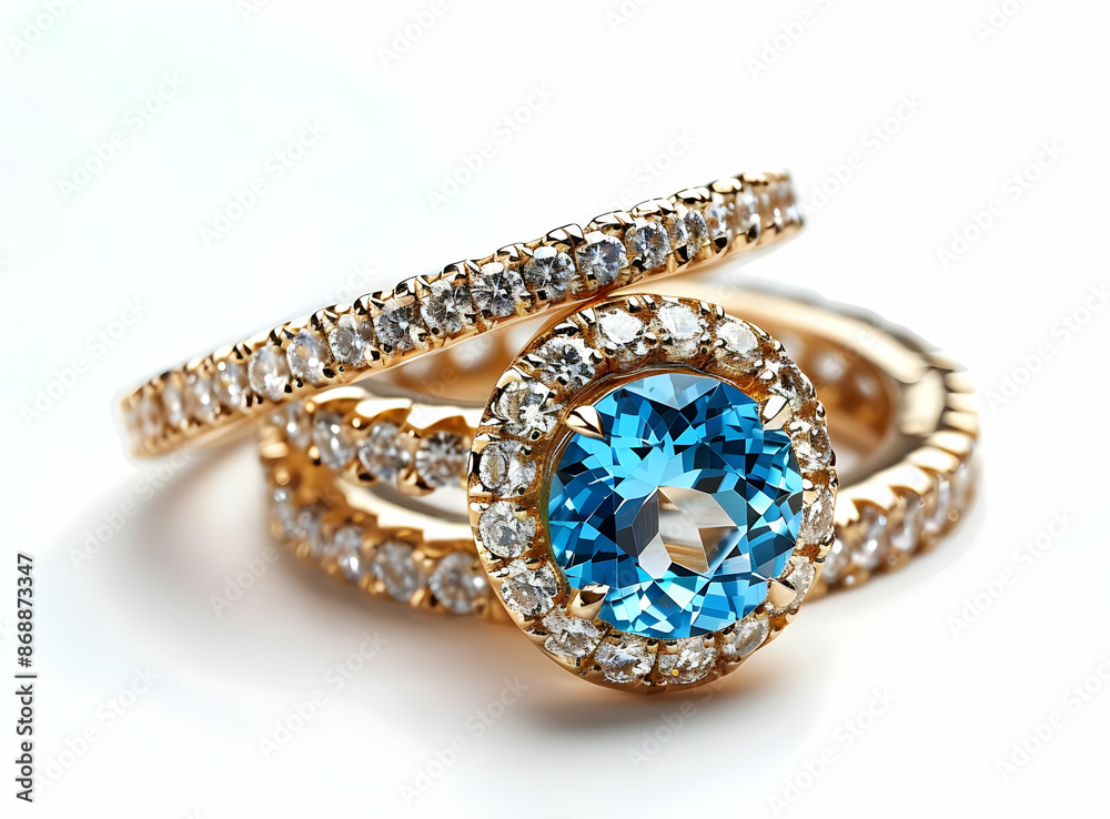 Elegant gold rings adorned with sparkling diamonds and a stunning blue gemstone centerpiece, perfect for special occasions and luxury jewelry collections.